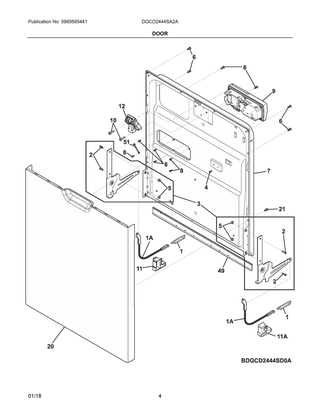 Door Diagram and Parts List for DGCD2444SA2A  Frigidaire Dishwasher