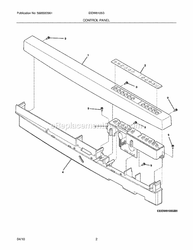 CONTROL PANEL Diagram and Parts List for EIDW6105GS1A  Electrolux Dishwasher
