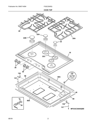 Cook Top Diagram and Parts List for FGGC3045QBE  Frigidaire Cooktop