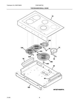 Top/drawer/small Door Diagram and Parts List for FGEF4085TSC  Frigidaire Range