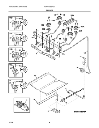 Burner Diagram and Parts List for FCRG3052ASA  Frigidaire Range