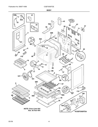 Body Diagram and Parts List for CGEF3059TDE  Frigidaire Range