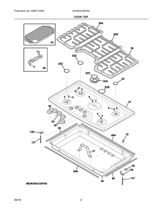 Cook Top Diagram and Parts List for EW36GC55PS4  Frigidaire Cooktop