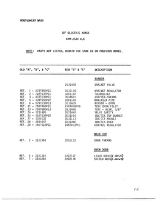 30" Electric Range Diagram and Parts List for 2530E  Frigidaire Range