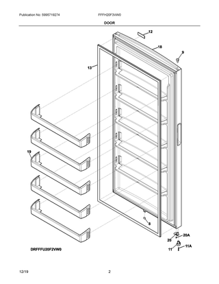 Door Diagram and Parts List for FFFH20F3VW0  Frigidaire Freezer