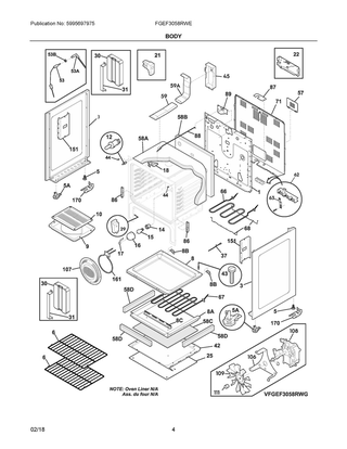 Body Diagram and Parts List for FGEF3058RWE  Frigidaire Range