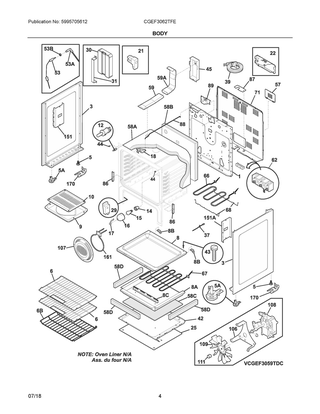 Body Diagram and Parts List for CGEF3062TFE  Frigidaire Range