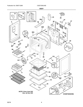 Body Diagram and Parts List for CGEF3036UWB  Frigidaire Range