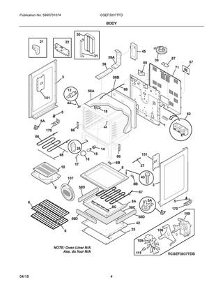 Body Diagram and Parts List for CGEF3037TFD  Frigidaire Range