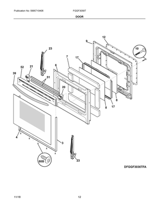 Door Diagram and Parts List for FGGF3059TDE  Frigidaire Range