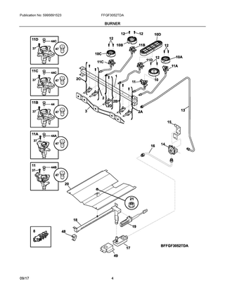 Burner Diagram and Parts List for FFGF3052TDA  Frigidaire Range