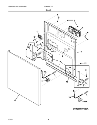 Door Diagram and Parts List for CDBEH600SB2A  Frigidaire Dishwasher
