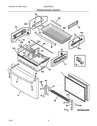 Freezer Drawer, Baskets Diagram and Parts List for E23BC69SPS3  Frigidaire Refrigerator