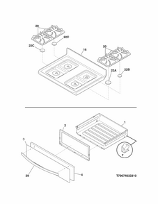 Top/drawer Diagram and Parts List for 79074033310  Kenmore Range