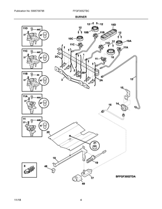 Burner Diagram and Parts List for FFGF3052TBC  Frigidaire Range