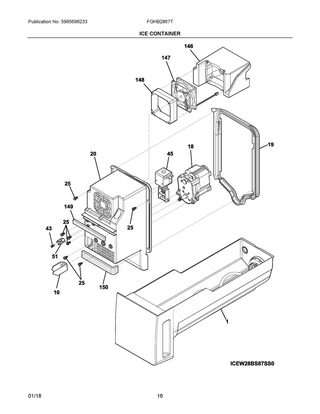 Ice Container Diagram and Parts List for FGHB2867TF3  Frigidaire Refrigerator