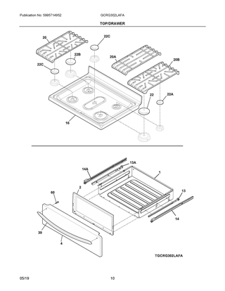 Top/drawer Diagram and Parts List for GCRG302LAFA  Frigidaire Range