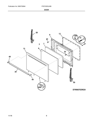 Door Diagram and Parts List for FFEF3003UWB  Frigidaire Range