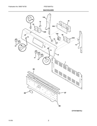 Backguard Diagram and Parts List for FFEF3054TSJ  Frigidaire Range