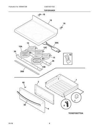Top/drawer Diagram and Parts List for CGEF3037TDD  Frigidaire Range