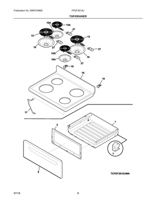 Top/drawer Diagram and Parts List for FFEF3012UBA  Frigidaire Range