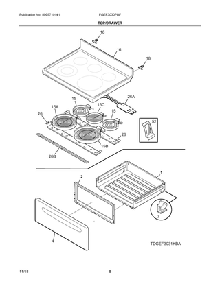 Top/drawer Diagram and Parts List for FGEF3030PBF  Frigidaire Range
