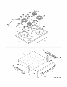 Top/drawer Diagram and Parts List for 79042523313  Kenmore Range