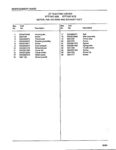 Motor/fan Housing And Exhaust Duct Page 2 Diagram and Parts List for 7007-87E  Frigidaire Dryer
