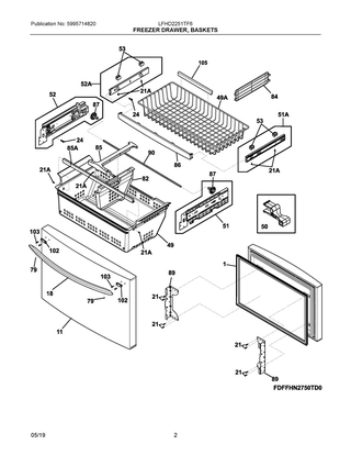Freezer Drawer, Baskets Diagram and Parts List for LFHD2251TF6  Frigidaire Refrigerator