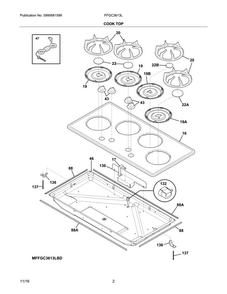 Main Top Diagram and Parts List for FFGC3613LBD  Frigidaire Cooktop