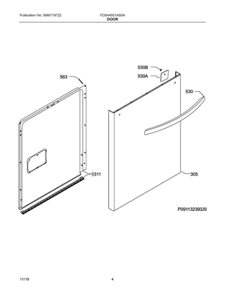 Door Diagram and Parts List for FDSH4501AS0A  Frigidaire Dishwasher
