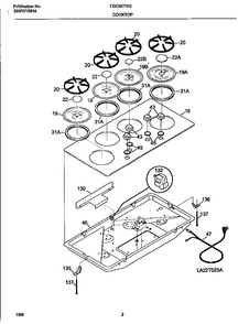 Cooktop Diagram and Parts List for FGC6X7XGSA-M3-10 10/00 Frigidaire Cooktop
