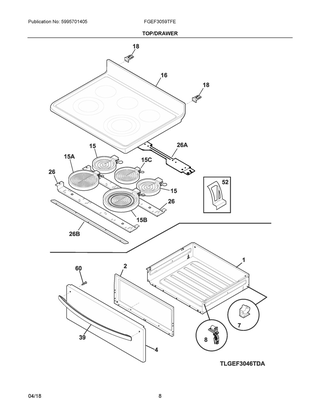 Top/drawer Diagram and Parts List for FGEF3059TFE  Frigidaire Range