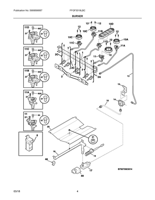 Burner Diagram and Parts List for FFGF3019LBC  Frigidaire Range