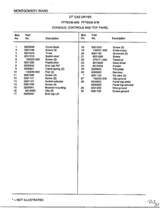 Console, Controls And Top Panel Page 2 Diagram and Parts List for 8338B  Frigidaire Dryer