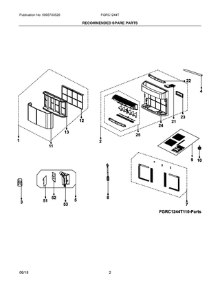 Recommended Spare Parts Diagram and Parts List for FGRC1244T1E00  Frigidaire Air Conditioner
