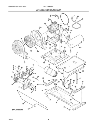 Motor/blower/belt/burner Diagram and Parts List for FFLG3900UW1  Frigidaire Washer Dryer Combo