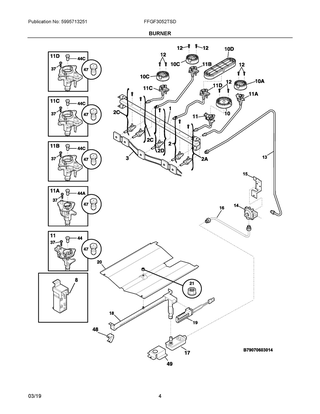 Burner Diagram and Parts List for FFGF3052TSD  Frigidaire Range