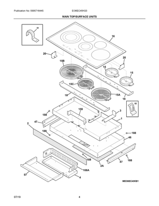 Main Top/surface Units Diagram and Parts List for EI36EC45KS3  Frigidaire Cooktop