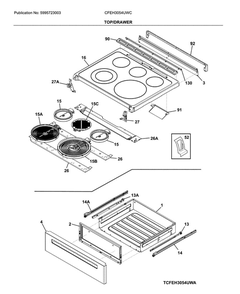 Top/Drawer Diagram and Parts List for CFEH3054UWC  Frigidaire Range