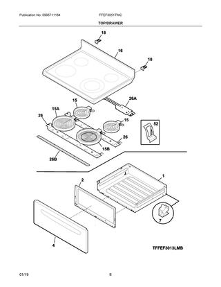 Top/drawer Diagram and Parts List for FFEF3051TWC  Frigidaire Range