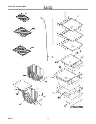 Shelves Diagram and Parts List for FGSC2335TD8  Frigidaire Refrigerator