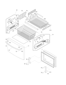Freezer Drawer, Baskets Diagram and Parts List for FGHF2344MF6  Frigidaire Refrigerator