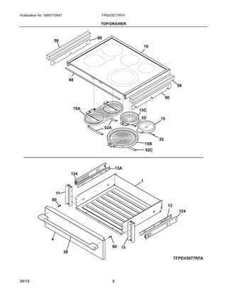 Top/drawer Diagram and Parts List for FPEH3077RFH  Frigidaire Range