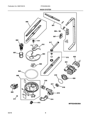 Wash System Diagram and Parts List for FFID2458US0A  Frigidaire Dishwasher