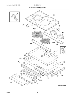 Main Top/surface Units Diagram and Parts List for EI30EC45KS2  Frigidaire Cooktop