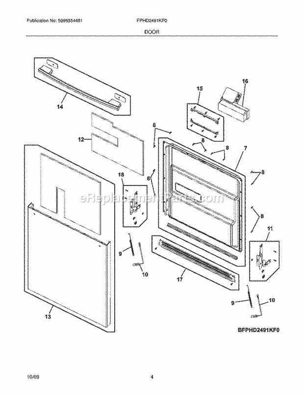 Door Diagram and Parts List for FPHD2491KF0  Frigidaire Dishwasher
