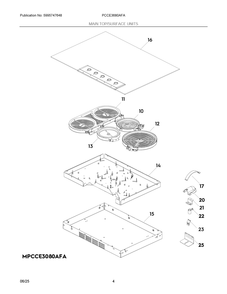 Main Top/Surface Units Diagram and Parts List for PCCE3680AFA  Frigidaire Cooktop
