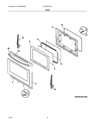 Door Diagram and Parts List for FFEF3052TDC  Frigidaire Range