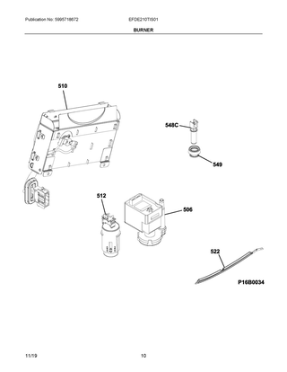 Burner Diagram and Parts List for EFDE210TIS01  Frigidaire Dryer